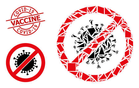 Simple geometric stop coronavirus mosaic and Covid-19 Vaccine rubber stamp imitation. Red stamp contains Covid-19 Vaccine caption inside circle and lines shape.のイラスト素材