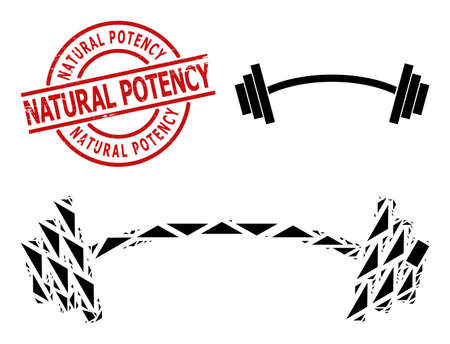 Simple geometric heavy barbell mosaic and Natural Potency scratched stamp imitation. Red stamp includes Natural Potency tag inside round and lines shape.のイラスト素材