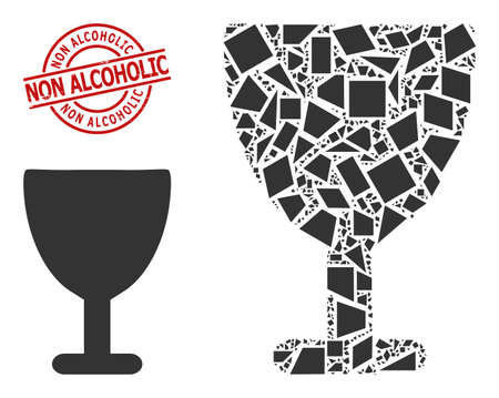 Simple geometric wine glass mosaic and Non Alcoholic rubber stamp. Red stamp includes Non Alcoholic tag inside round and lines form. Vector wine glass icon collage is combined of randomized triangles,のイラスト素材