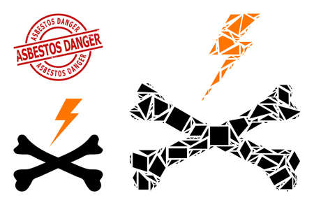 Simple geometric electrical hazard mosaic and Asbestos Danger scratched stamp seal. Red stamp seal includes Asbestos Danger text inside circle and lines shape.のイラスト素材