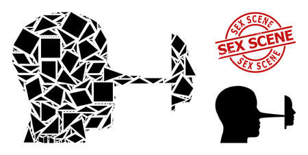 Simple geometric liar mask mosaic and Sex Scene corroded stamp print. Red stamp seal has Sex Scene tag inside circle and lines form. Vector liar mask icon collage filled with scattered triangles,のイラスト素材