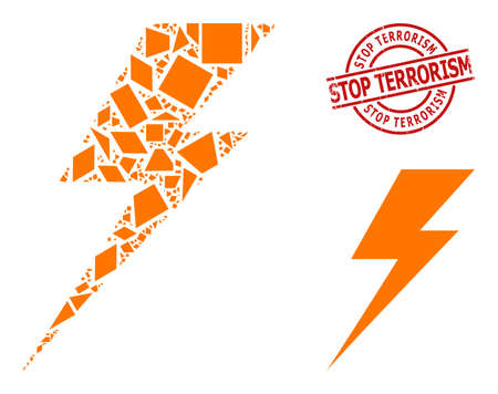 Simple geometric electric strike mosaic and Stop Terrorism textured stamp print. Red stamp seal has Stop Terrorism title inside circle and lines shape.のイラスト素材