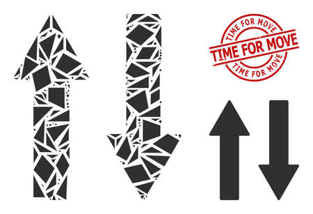 Simple geometric vertical exchange arrows mosaic and TIME FOR MOVE grunge stamp seal. Red stamp seal includes TIME FOR MOVE text inside circle and lines form.のイラスト素材