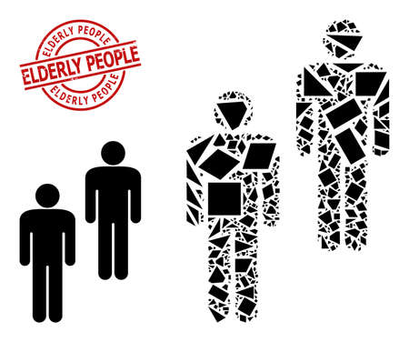 Simple geometric people mosaic and ELDERLY PEOPLE textured stamp seal. Red stamp seal includes Elderly People title inside circle and lines template.のイラスト素材