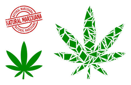 Simple geometric marijuana mosaic and Natural Marijuana scratched stamp seal. Red seal includes Natural Marijuana title inside circle and lines form.のイラスト素材