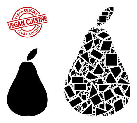 Simple geometric pear mosaic and Vegan Cuisine textured seal. Red seal includes VEGAN CUISINE title inside round and lines form. Vector pear icon collage is designed with random triangles,のイラスト素材