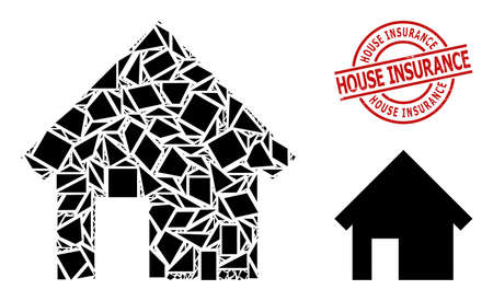 Simple geometric house mosaic and HOUSE INSURANCE grunge stamp seal. Red stamp seal contains HOUSE INSURANCE title inside circle and lines shape.のイラスト素材