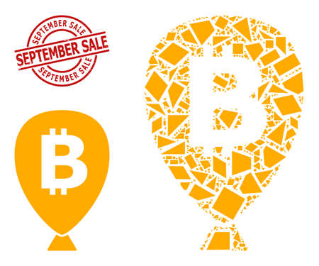 Simple geometric bitcoin balloon mosaic and SEPTEMBER SALE dirty stamp seal. Red stamp seal contains SEPTEMBER SALE caption inside circle and lines form.のイラスト素材