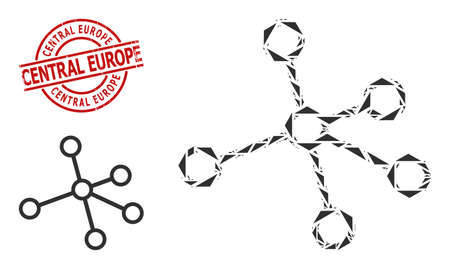 Simple geometric links mosaic and Central Europe dirty stamp seal. Red stamp seal has CENTRAL EUROPE tag inside round and lines form. Vector links icon collage is constructed of randomized triangles,のイラスト素材