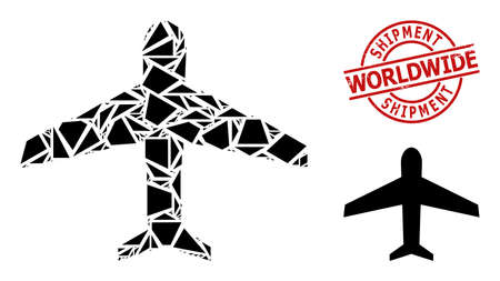 Simple geometric airplane mosaic and Shipment Worldwide grunge stamp imitation. Red stamp contains Shipment Worldwide text inside circle and lines template.のイラスト素材
