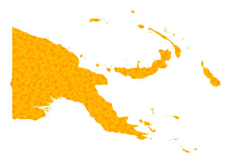 Vector Golden map of Papua New Guinea. Map of Papua New Guinea is isolated on a white background. Golden particles mosaic based on solid yellow map of Papua New Guinea.のイラスト素材