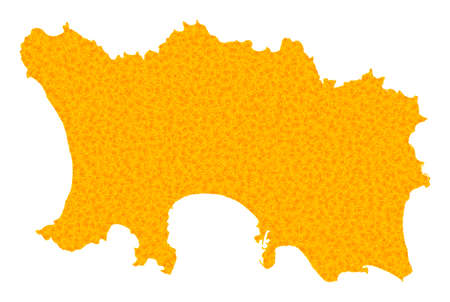 Vector Golden map of Jersey Island. Map of Jersey Island is isolated on a white background. Golden particles texture based on solid yellow map of Jersey Island.のイラスト素材