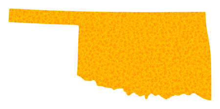 Vector Golden map of Oklahoma State. Map of Oklahoma State is isolated on a white background. Golden particles mosaic based on solid yellow map of Oklahoma State.のイラスト素材