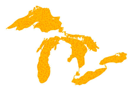 Vector Golden map of Great Lakes. Map of Great Lakes is isolated on a white background. Golden particles pattern based on solid yellow map of Great Lakes.のイラスト素材
