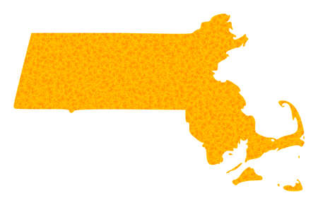 Vector Golden map of Massachusetts State. Map of Massachusetts State is isolated on a white background. Golden particles pattern based on solid yellow map of Massachusetts State.のイラスト素材