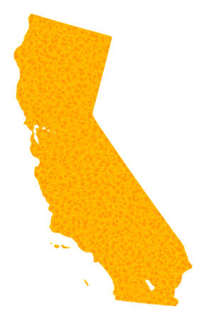 Vector Gold map of California. Map of California is isolated on a white background. Gold items pattern based on solid yellow map of California.のイラスト素材