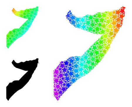 Spectral gradient star collage map of Somalia. Vector colored map of Somalia with spectral gradients. Mosaic map of Somalia collage is composed with randomized colored star items.のイラスト素材