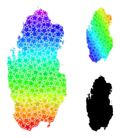 Rainbow gradiented starred collage map of Qatar. Vector colored map of Qatar with rainbow gradients. Mosaic map of Qatar collage is constructed of chaotic colored star elements.のイラスト素材