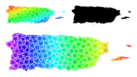 Spectral gradiented star collage map of Puerto Rico. Vector vibrant map of Puerto Rico with spectral gradients. Mosaic map of Puerto Rico collage is composed from chaotic colored star elements.のイラスト素材