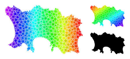 Spectrum gradiented star collage map of Jersey Island. Vector colored map of Jersey Island with spectrum gradients. Mosaic map of Jersey Island collage is created of randomized color star items.のイラスト素材