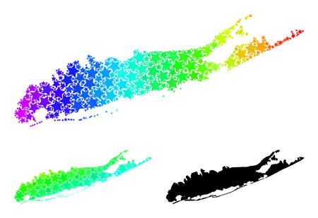 Spectral gradient star collage map of Long Island. Vector colorful map of Long Island with spectral gradients. Mosaic map of Long Island collage is done with scattered colored star elements.のイラスト素材