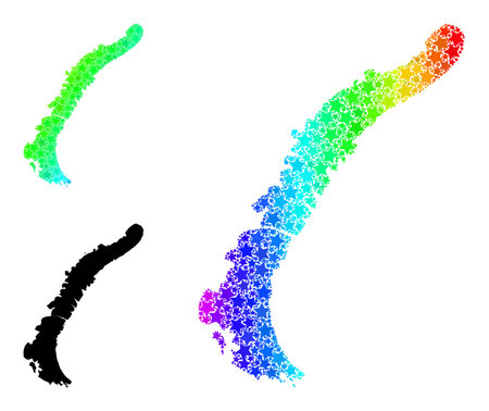 Rainbow gradiented starred collage map of Novaya Zemlya Islands. Vector colored map of Novaya Zemlya Islands with spectrum gradients.のイラスト素材