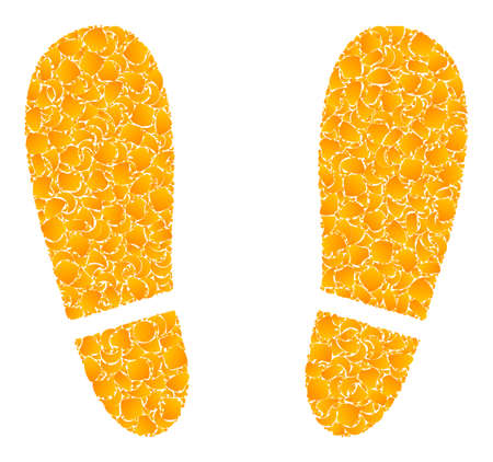 Vector golden human footprints mosaic icon. Human footprints is isolated on a white background. Golden items mosaic based on human footprints icon.のイラスト素材