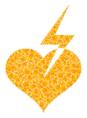 Vector golden heart strike mosaic icon. Heart strike is isolated on a white background. Golden items collage based on heart strike icon. Mosaic heart strike iconic image is done from yellow items.のイラスト素材