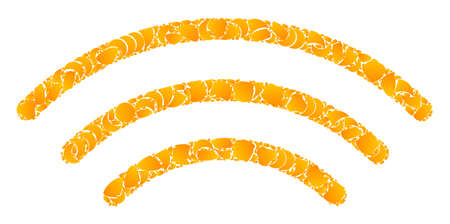 Vector gold radio waves mosaic icon. Radio waves is isolated on a white background. Gold items mosaic based on radio waves icon. Mosaic radio waves iconic image is designed from yellow items.のイラスト素材