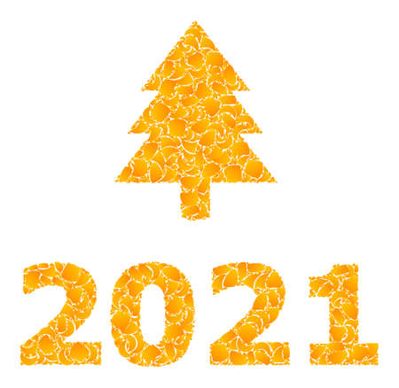 Vector gold 2021 fir tree mosaic icon. 2021 fir tree is isolated on a white background. Gold items collage based on 2021 fir tree icon. Collage 2021 fir tree iconic image is created from yellow parts.のイラスト素材