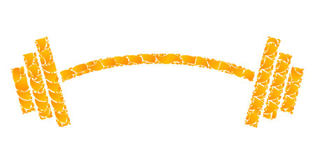 Vector gold heavy barbell mosaic icon. Heavy barbell is isolated on a white background. Golden items collage based on heavy barbell icon.のイラスト素材