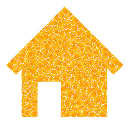 Vector gold house mosaic icon. House is isolated on a white background. Gold items mosaic based on house icon. Mosaic house iconic image is created from yellow items.のイラスト素材