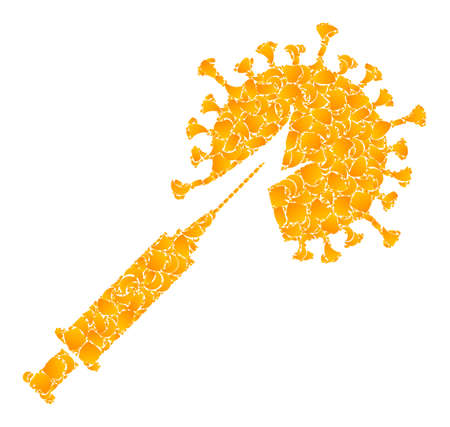 Vector golden virus vaccine injection mosaic icon. Virus vaccine injection is isolated on a white background. Golden particles mosaic based on virus vaccine injection icon.のイラスト素材