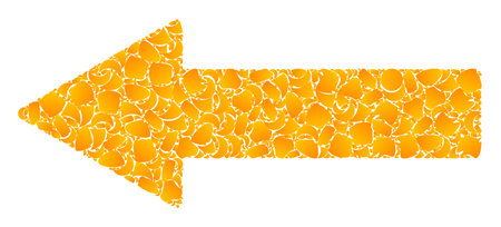 Vector gold left arrow mosaic icon. Left arrow is isolated on a white background. Gold items collage...
