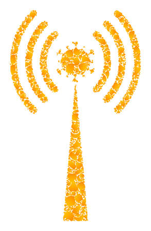 Vector gold virus radio tower mosaic icon. Virus radio tower is isolated on a white background. Gold items mosaic based on virus radio tower icon.のイラスト素材