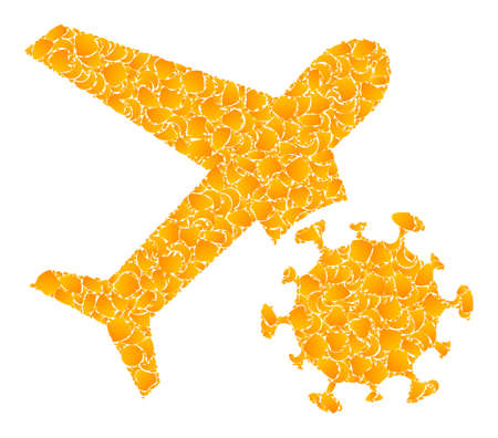 Vector gold infected airplane mosaic icon. Infected airplane is isolated on a white background. Gold particles mosaic based on infected airplane icon.のイラスト素材