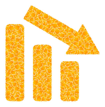 Vector golden down trend bar chart mosaic icon. Down trend bar chart is isolated on a white background. Golden items mosaic based on down trend bar chart icon.のイラスト素材