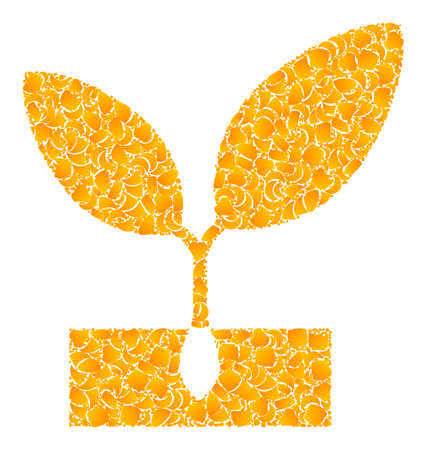 Vector golden plant sprout mosaic icon. Plant sprout is isolated on a white background. Golden particles mosaic based on plant sprout icon.のイラスト素材