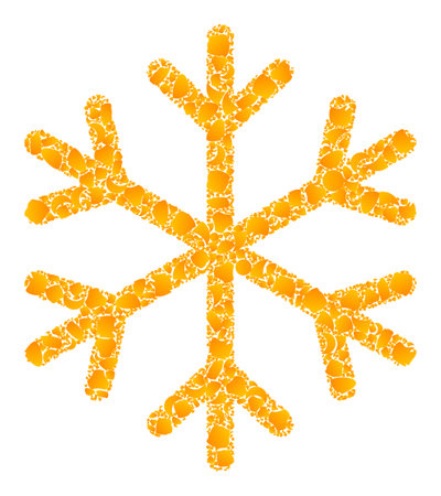 Vector golden snowflake mosaic icon. Snowflake is isolated on a white background. Golden items mosaic based on snowflake icon. Mosaic snowflake iconic image is constructed of yellow items.のイラスト素材