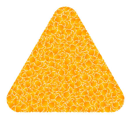 Vector gold rounded triangle mosaic icon. Rounded triangle is isolated on a white background. Gold items mosaic based on rounded triangle icon.のイラスト素材