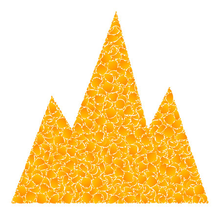 Vector golden mountains mosaic icon. Mountains is isolated on a white background. Golden items mosaic based on mountains icon. Mosaic mountains iconic image is done of yellow items.のイラスト素材
