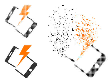 Dissolved dot smartphone crash vector icon with wind effect, and original vector image. Pixel burst effect for smartphone crash demonstrates speed and movement of cyberspace matter.のイラスト素材