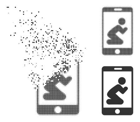 Dispersed pixelated pray app vector icon with destruction effect, and original vector image. Pixel dissolution effect for pray app demonstrates speed and movement of cyberspace objects.のイラスト素材