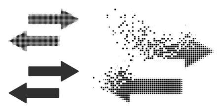 Dissolved dotted horizontal exchange arrows vector icon with wind effect, and original vector image. Pixel burst effect for horizontal exchange arrows shows speed and motion of cyberspace items.のイラスト素材