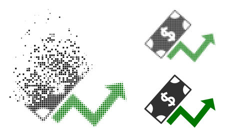 Fractured pixelated dollar growth trend vector icon with wind effect, and original vector image. Pixel disappearing effect for dollar growth trend shows speed and motion of cyberspace items.のイラスト素材