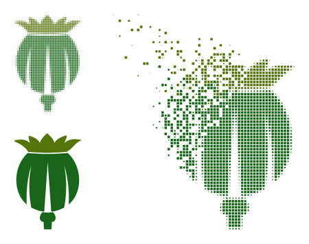 Dispersed pixelated opium poppy head vector icon with wind effect, and original vector image. Pixel dissolving effect for opium poppy head shows speed and motion of cyberspace abstractions.のイラスト素材
