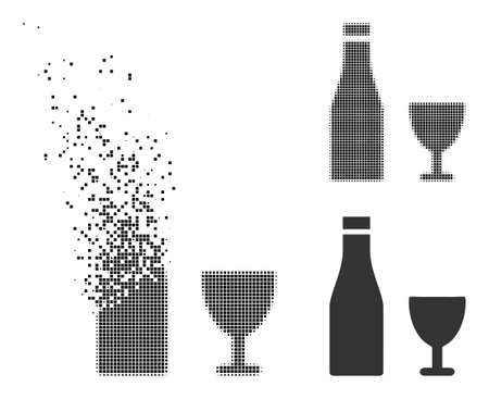 Dispersed pixelated alcohol drinks vector icon with wind effect, and original vector image. Pixel dissolving effect for alcohol drinks demonstrates speed and movement of cyberspace abstractions.のイラスト素材