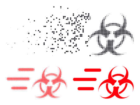 Fractured dot rush biohazard vector icon with destruction effect, and original vector image. Pixel dispersing effect for rush biohazard demonstrates speed and motion of cyberspace items.のイラスト素材
