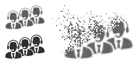 Fractured dot call center staff vector icon with destruction effect, and original vector image. Pixel dissipating effect for call center staff demonstrates speed and motion of cyberspace abstractions.のイラスト素材