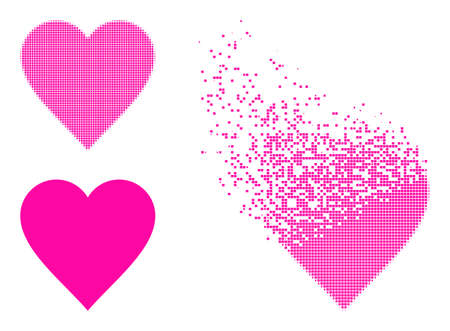 Fractured dot heart vector icon with destruction effect, and original vector image. Pixel dematerialization effect for heart shows speed and movement of cyberspace concepts.のイラスト素材